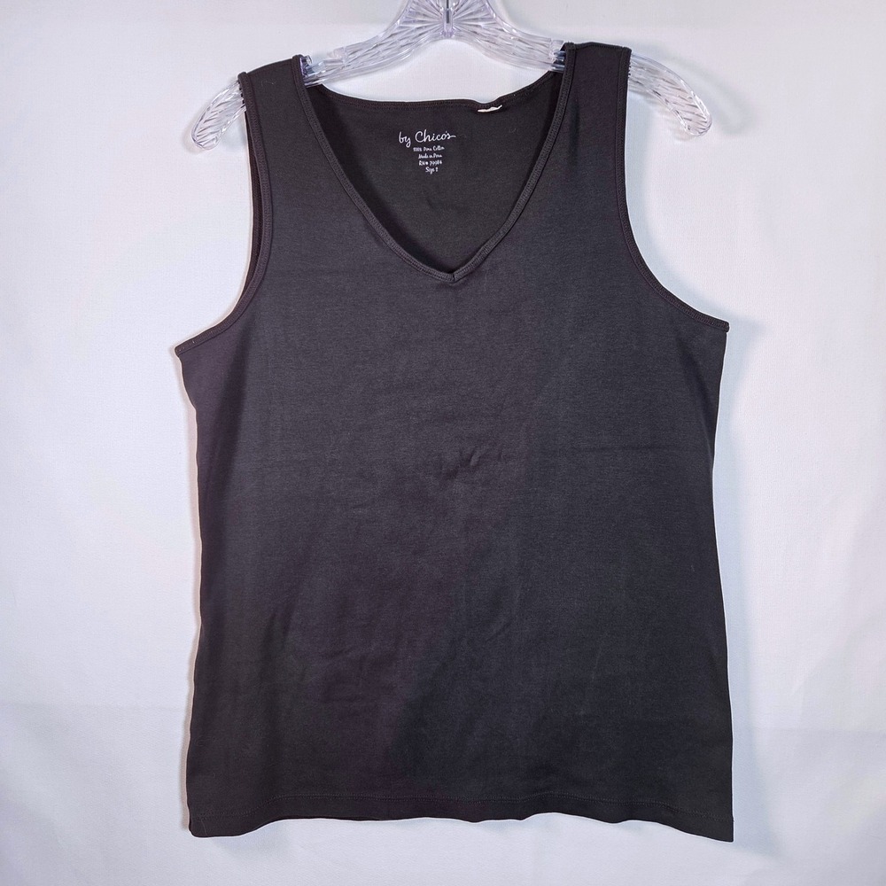 Chicos Black‎ 100% Pima Cotton V-Neck Tank Top Sleeveless Shirt Summer Layering